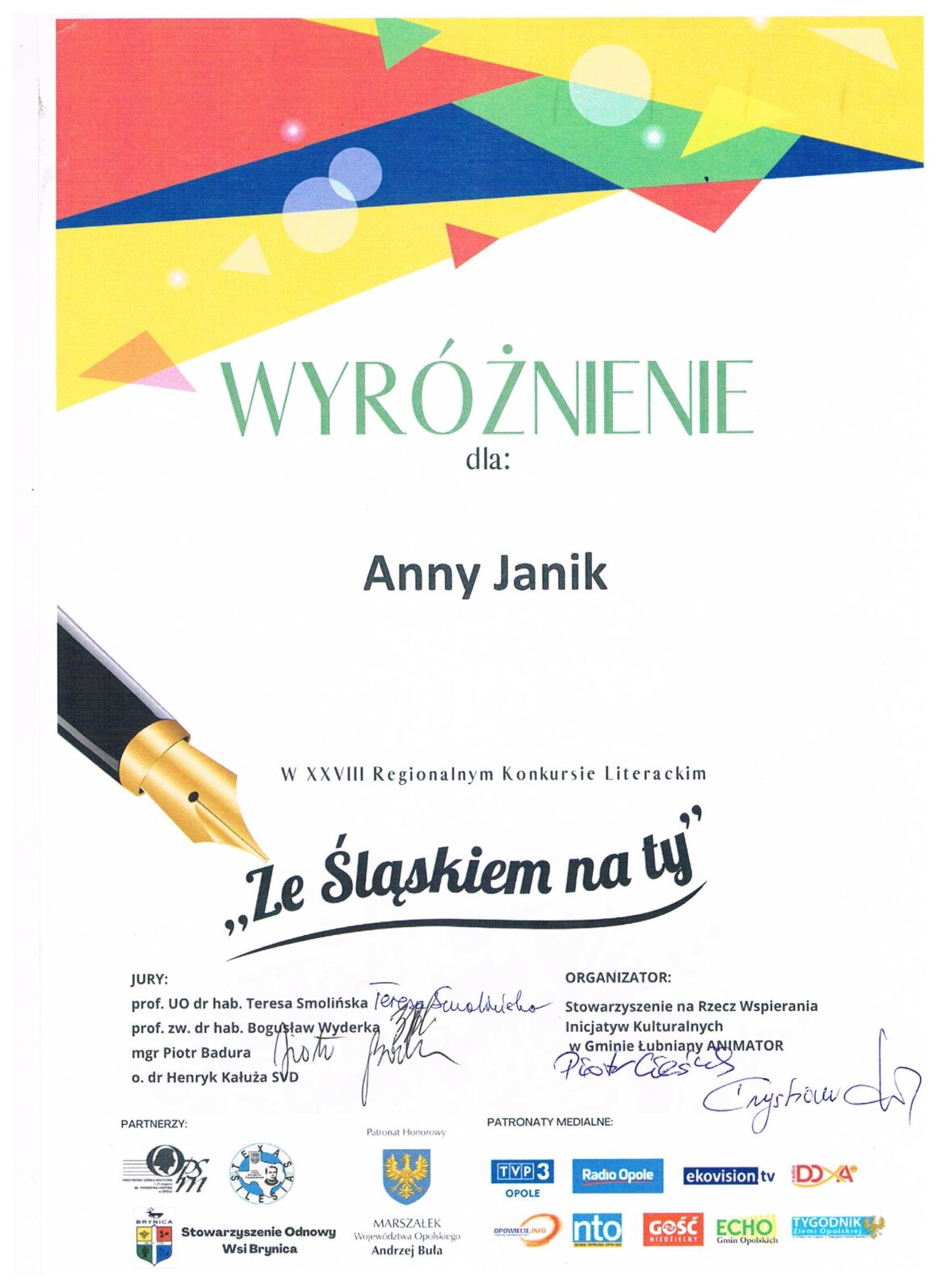 Wyróżnienie dla Anny Janik w XXVIII Regionalnym Konkursie Literackim „Ze Śląskiem na ty”