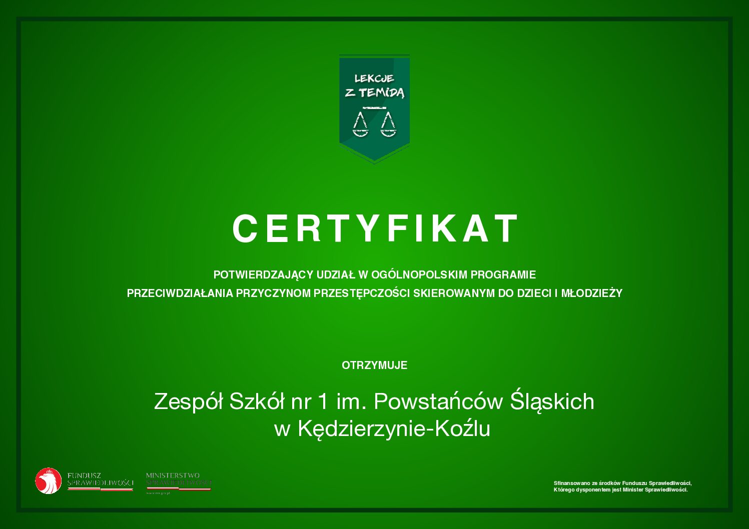 Certyfikat dla ZS nr 1