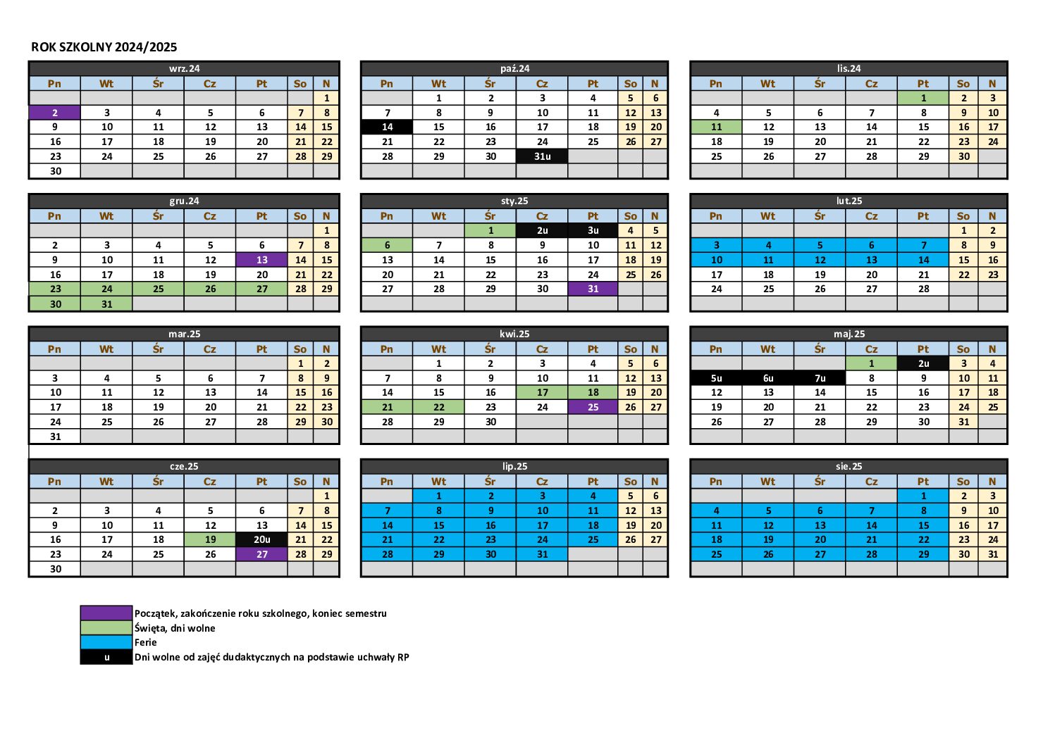 Kalendarz roku szkolnego 2024/2025